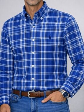 Polo Ralph Lauren Men’s Medium – Blue Plaid 100% Cotton Shirt